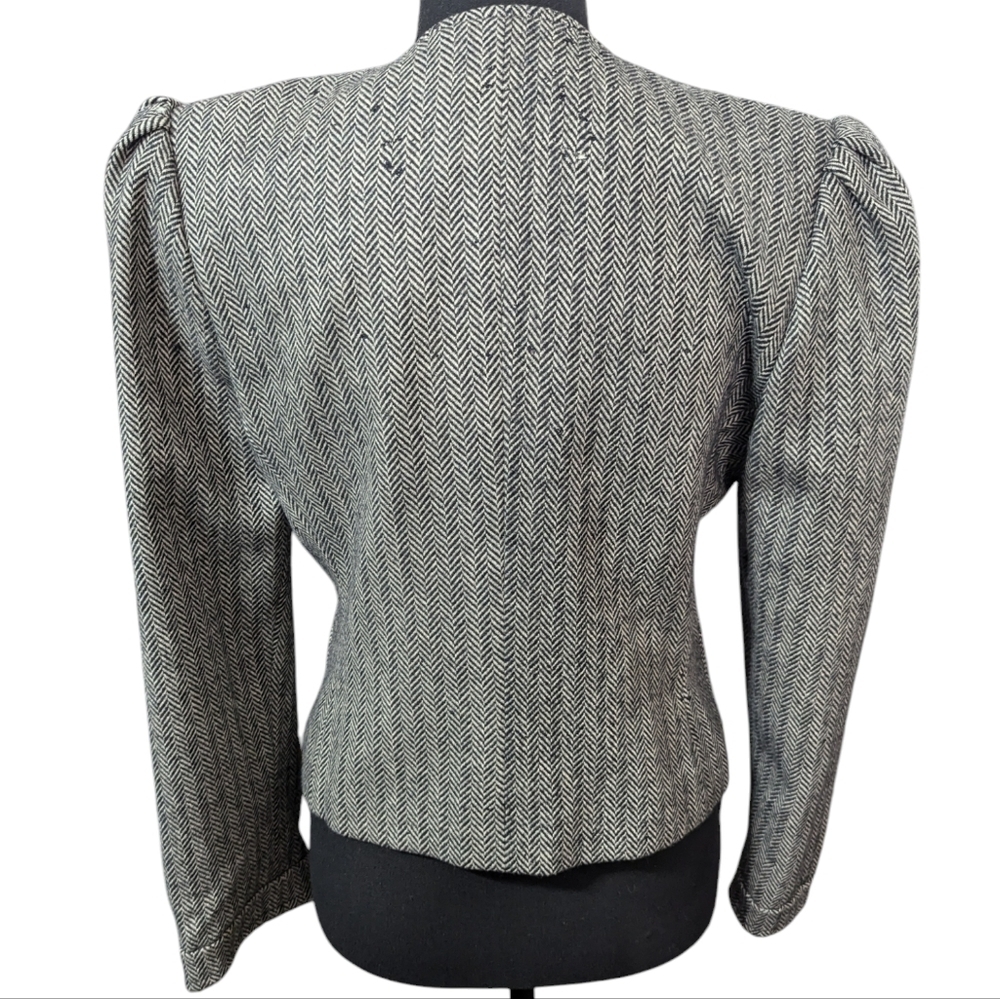 Vintage 80s Cashmere Wool Herringbone Puff Shoulder Cropped Jacket Sz 4 - Picture 9 of 15